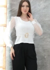 Tokalı tül kollu bluz beyaz t4071