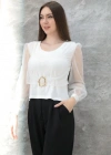 Tokalı tül kollu bluz beyaz t4071