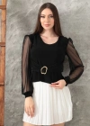 Tokalı tül kollu bluz siyah t4071