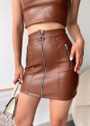 Üç fermuarlı deri etek kahve s24510