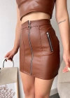 Üç fermuarlı deri etek kahve s24510