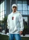 Üç İplik Kapüşonlu Baskılı Oversize SweatShirt- Beyaz
