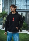 Üç İplik Kapüşonlu Baskılı Oversize SweatShirt- Siyah