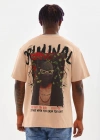Unisex Baskılı Oversize T-Shirt - Bej