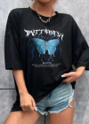 Unisex Baskılı Oversize T-Shirt - Siyah