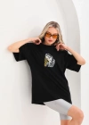 Unisex Baskılı Oversize T-Shirt - Siyah