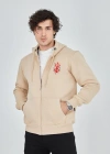 Unisex Baskılı Tam Fermuarlı Kapşonlu SweatShirt - Bej