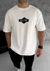 Unisex Bisiklet Yaka Baskılı Double Oversize T-Shirt - Beyaz
