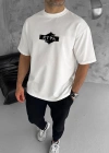 Unisex Bisiklet Yaka Baskılı Double Oversize T-Shirt - Beyaz