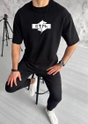Unisex Bisiklet Yaka Baskılı Double Oversize T-Shirt - Siyah