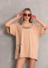 Unisex Bisiklet Yaka Baskılı Oversize T-Shirt - Bej