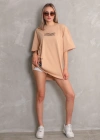 Unisex Bisiklet Yaka Baskılı Oversize T-Shirt - Bej