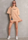 Unisex Bisiklet Yaka Baskılı Oversize T-Shirt - Bej