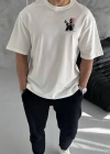 Unisex Bisiklet Yaka Baskılı Oversize T-Shirt - Beyaz