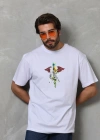 Unisex Bisiklet Yaka Baskılı Oversize T-Shirt - Beyaz