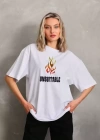 Unisex Bisiklet Yaka Baskılı Oversize T-Shirt - Beyaz