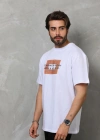 Unisex Bisiklet Yaka Baskılı Oversize T-Shirt - Beyaz