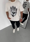 Unisex Bisiklet Yaka Baskılı Oversize T-Shirt - Beyaz