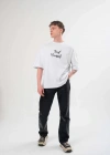 Unisex Bisiklet Yaka Baskılı Oversize T-Shirt - Beyaz