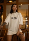 Unisex Bisiklet Yaka Baskılı Oversize T-Shirt - Beyaz