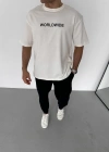 Unisex Bisiklet Yaka Baskılı Oversize T-Shirt - Beyaz