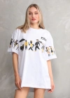 Unisex Bisiklet Yaka Baskılı Oversize T-Shirt - Beyaz