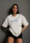 Unisex Bisiklet Yaka Baskılı Oversize T-Shirt - Beyaz