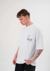 Unisex Bisiklet Yaka Baskılı Oversize T-Shirt - Beyaz