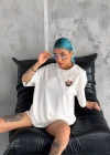 Unisex Bisiklet Yaka Baskılı Oversize T-Shirt - Beyaz