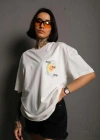 Unisex Bisiklet Yaka Baskılı Oversize T-Shirt - Beyaz