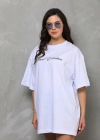 Unisex Bisiklet Yaka Baskılı Oversize T-Shirt - Beyaz