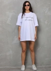 Unisex Bisiklet Yaka Baskılı Oversize T-Shirt - Beyaz