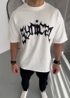 Unisex Bisiklet Yaka Baskılı Oversize T-Shirt - Beyaz