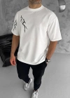 Unisex Bisiklet Yaka Baskılı Oversize T-Shirt - Beyaz