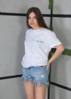 Unisex Bisiklet Yaka Baskılı Oversize T-Shirt- Beyaz