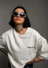 Unisex Bisiklet Yaka Baskılı Oversize T-Shirt - Beyaz