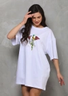 Unisex Bisiklet Yaka Baskılı Oversize T-Shirt - Beyaz