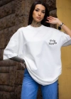 Unisex Bisiklet Yaka Baskılı Oversize T-Shirt - Beyaz