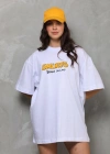 Unisex Bisiklet Yaka Baskılı Oversize T-Shirt - Beyaz