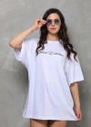 Unisex Bisiklet Yaka Baskılı Oversize T-Shirt - Beyaz