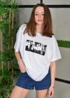 Unisex Bisiklet Yaka Baskılı Oversize T-Shirt - Beyaz