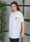 Kadın Bisiklet Yaka Baskılı Oversize T-Shirt - Beyaz
