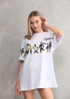 Unisex Bisiklet Yaka Baskılı Oversize T-Shirt - Beyaz