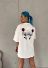Unisex Bisiklet Yaka Baskılı Oversize T-Shirt - Beyaz