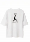 Unisex Bisiklet Yaka Baskılı Oversize T-Shirt - Beyaz