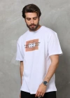 Unisex Bisiklet Yaka Baskılı Oversize T-Shirt - Beyaz