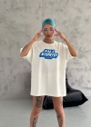 Unisex Bisiklet Yaka Baskılı Oversize T-Shirt - Beyaz