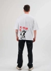 Unisex Bisiklet Yaka Baskılı Oversize T-Shirt - Beyaz