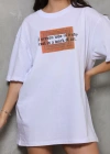 Unisex Bisiklet Yaka Baskılı Oversize T-Shirt - Beyaz