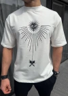 Unisex Bisiklet Yaka Baskılı Oversize T-Shirt - Beyaz